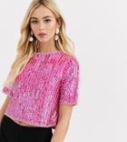 Lace & Beads Crop Top With Embellishment And Open Back In Neon Pink