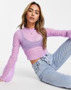 Asos Design Shirred Mesh Long Sleeve Crop Top In Lilac-purple