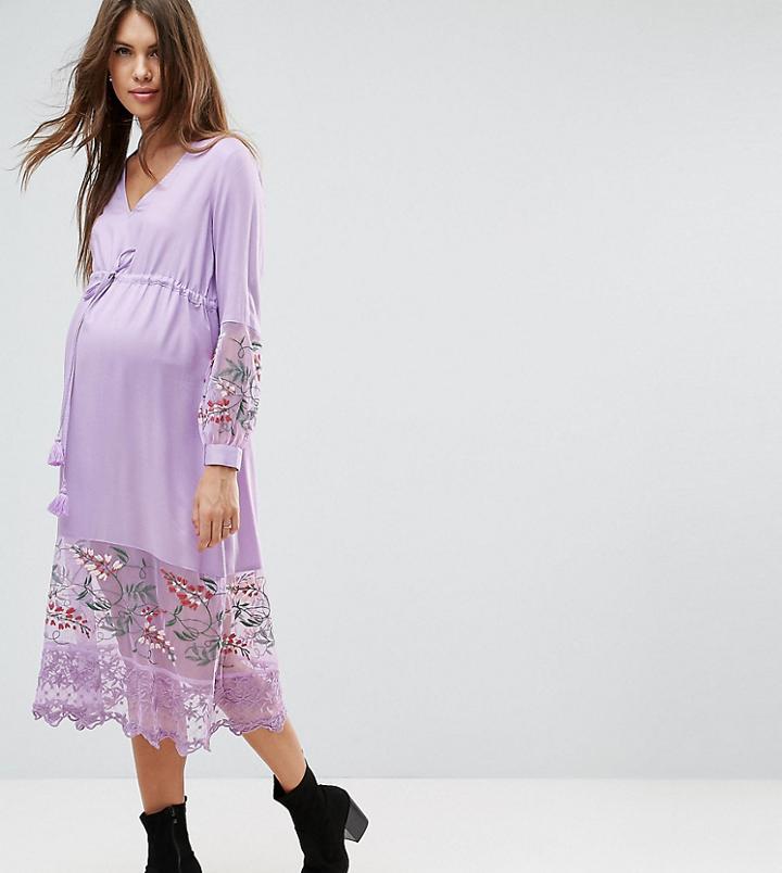 Asos Maternity Midi Dress With Embroidery And Tie Detail - Purple