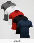 Asos 5 Pack Extreme Muscle Polo Shirt In Pique Save - Multi