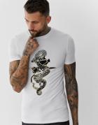Asos Design Muscle Fit T-shirt With Snake Print In Gold Foil - White