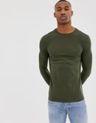 River Island Muscle Fit Long Sleeve T-shirt In Khaki-green