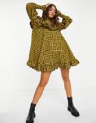 Asos Edition High Neck Ruffle Yoke Mini Dress In Mustard Gingham Plaid-multi