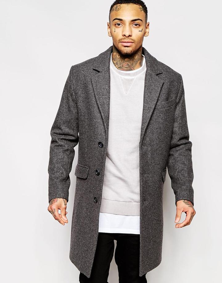 Asos Wool Overcoat In Dark Gray - Light Gray