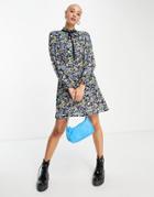 New Look Tie Neck Mini Smock Dress In Blue Ditsy Floral-blues