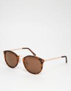 Asos Round Sunglasses With Metal Nose Detail In Brown - Brown