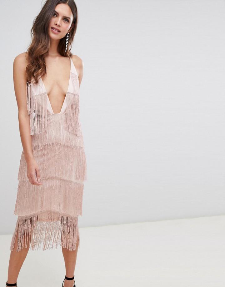 Asos Design Square Neck Fringe Midi Dress - Pink