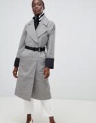 Asos Check Coat With Tipped Rib Funnel Neck And Belt-multi