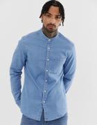 Asos Design Stretch Slim Denim Shirt In Light Wash With Grandad Collar - Blue