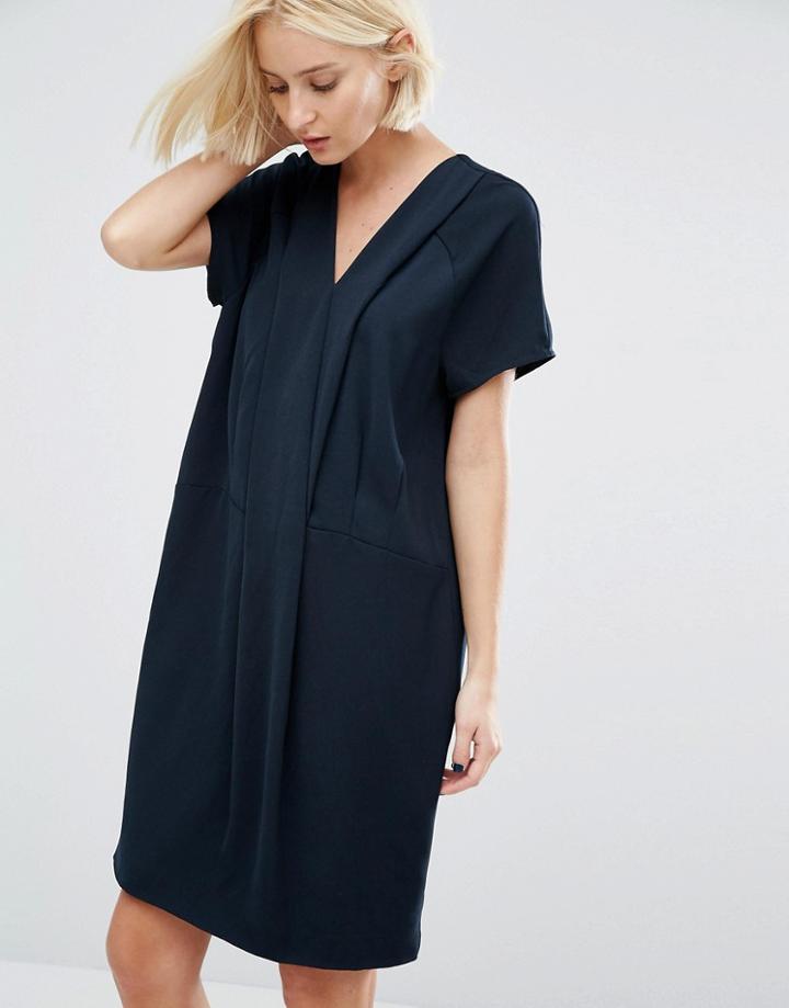 Selected Fikka Dress With Pleat Detail At Neckline - Navy