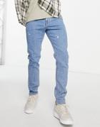 Asos Design Skinny Jeans In 'less Thirsty' Light Wash With Abrasions-blues