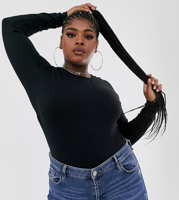 Asos Design Curve Ultimate Slim Fit T-shirt With Long Sleeves In Cotton In Black - Black