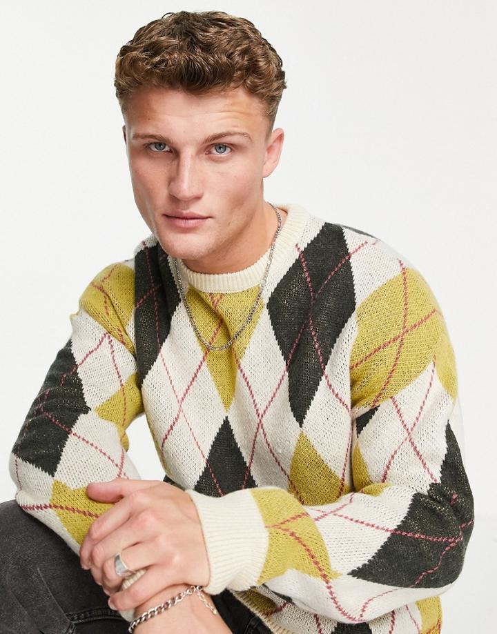 New Look Knitted Sweater With Diamond Pattern In Off White