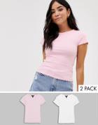 New Look Crop Rib T-shirt 2 Pack In White And Pink-multi