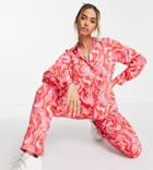 Pieces Exclusive Oversized Shirt In Red & Pink Swirl Print - Part Of A Set-multi