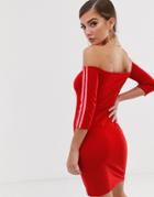 Adidas Originals Three Stripe Bardot Dress In Red - Red