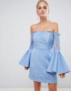 Asos Design Lace Mix Mini A Line Dress - Blue