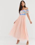 Forever U Bardot Maxi Dress With Lace Trim-pink