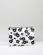 Asos Mono Floral Embellished Zip Top Clutch Bag - Multi