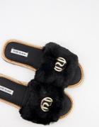 River Island Faux Fur Logo Slide Slippers In Black