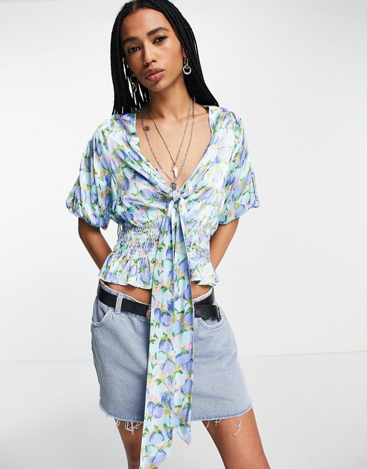 Topshop Shirred Blue Blossom Print Tea Top In Multi
