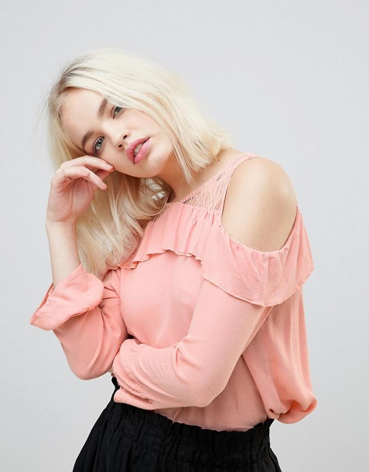 Hazel Frill And Lace Cold Shoulder Blouse - Pink
