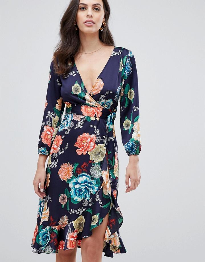 Liquorish Wrap Midi Dress In Floral Print - Navy