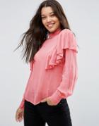 Asos Sheer Blouse With Ruffle And High Neck Detail - Pink