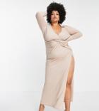 Asos Design Curve Ribbed Shirt Twist Maxi Dress With High Slit In Stone-neutral