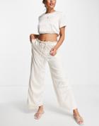 Skylar Rose 2 Piece Satin Wide Leg Pants With Crop Top Set In Cream-white