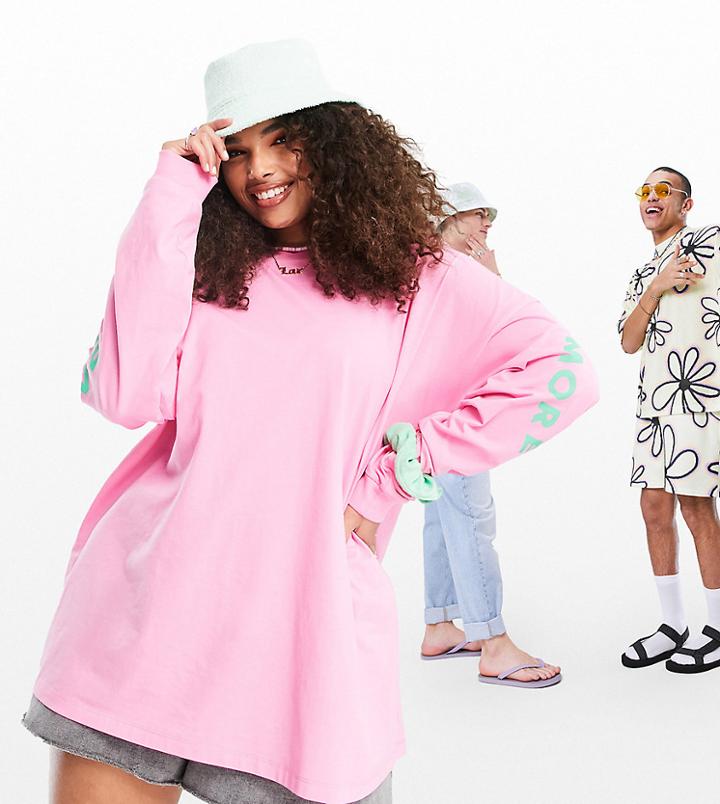 Asos Design Curve Oversized T-shirt With 'love More' Print In Pink