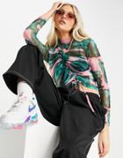 Topshop Printed Ruched Side Mesh Top In Green And Pink