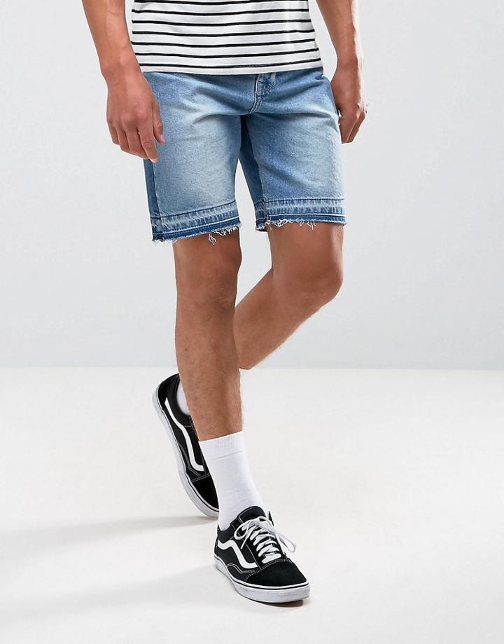 Asos Denim Shorts In Slim Mid Wash Blue With Cut And Sew Detail - Blue