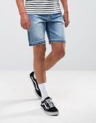 Asos Denim Shorts In Slim Mid Wash Blue With Cut And Sew Detail - Blue