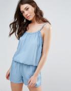 B.young Chambray Romper With Cami Straps - Blue
