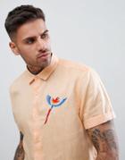 Asos Design Regular Textured Shirt With Embroidery In Pale Orange - Orange