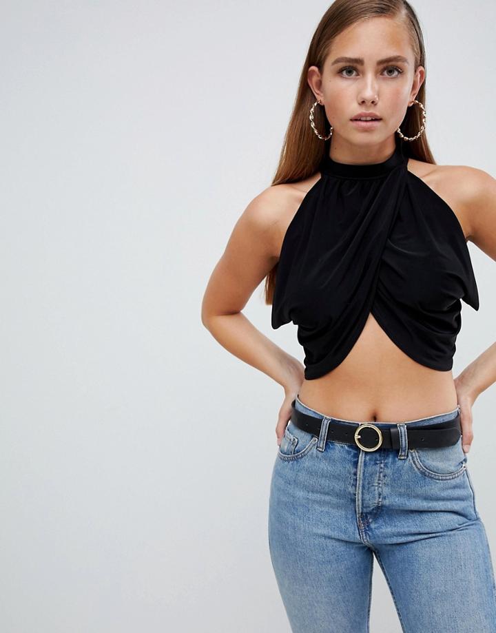 Prettylittlething Halterneck Wrap Front Crop Top - Black