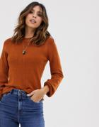 Y.a.s Volume Sleeve Fine Knit Rib Sweater In Brown