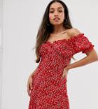 Boohoo Petite Exclusive Off Shoulder Skater Dress In Red Ditsy Floral - Multi
