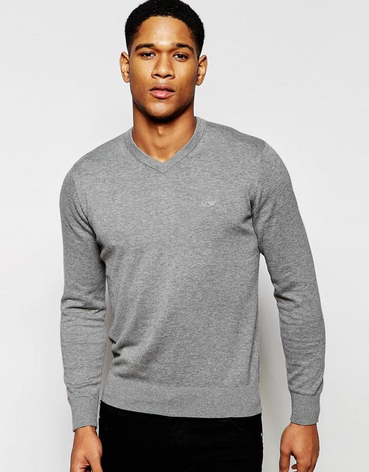 Armani Jeans Sweater With V Neck & Logo - Gray