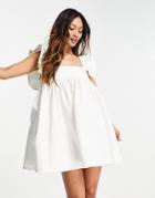 Asos Design Denim Pinafore With Frill Sleeves In White