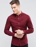 Asos Skinny Shirt In Burgundy Twill With Long Sleeves - Red