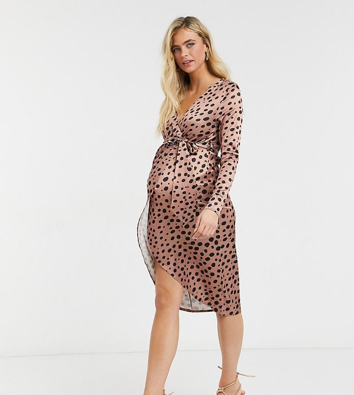 Asos Design Maternity Satin Wrap Midi Dress With Belt Detail In Dotted Print-multi