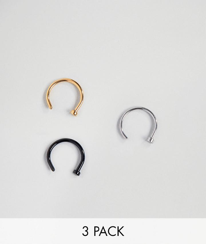 Designb Open Nose Hoop Ring In 3 Pack-silver