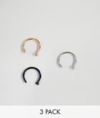Designb Open Nose Hoop Ring In 3 Pack-silver
