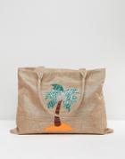 Chateau Palm Tree Embroidered Straw Bag With Tassles - Beige