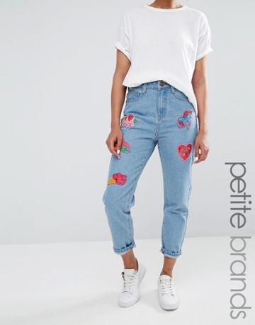 Liquor & Poker Petite Boyfriend Jeans With Badges - Blue