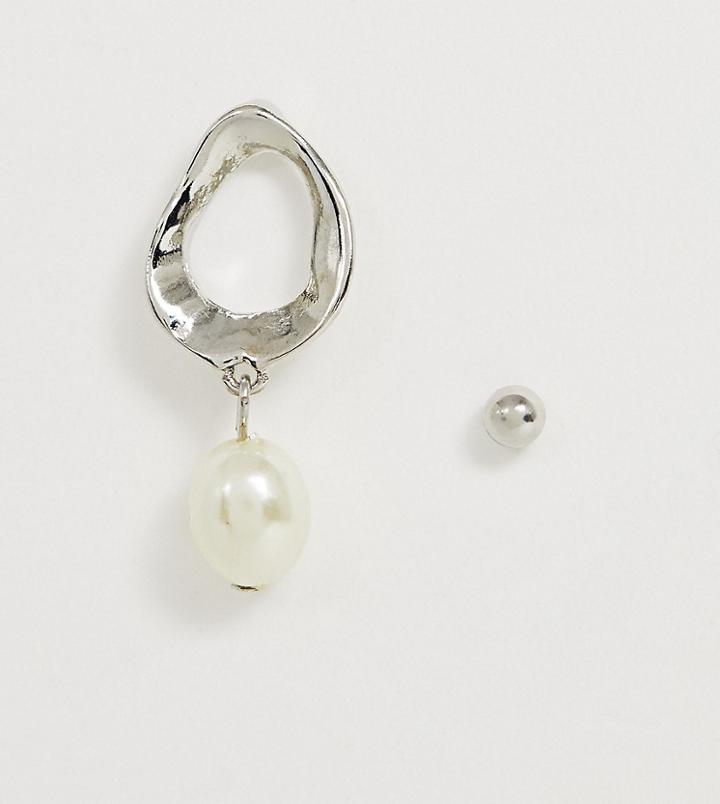 Asos Design Molten Metal Hoop Earring With Faux Pearl In Silver Tone - Silver