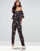 Asos Tall Scuba Jumpsuit With Ruffle Bardot In Winter Floral Print - M