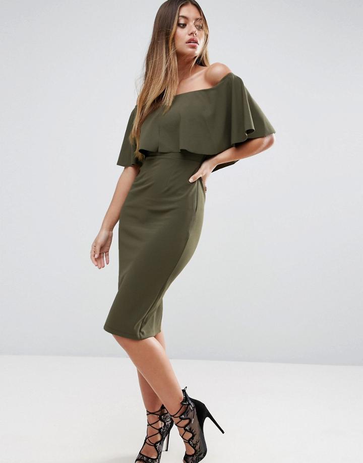 Asos Crepe Ruffle Bardot Midi Dress - Green